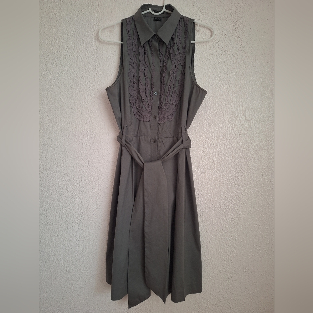 THEORY  Gray Midi Dress with Mandarin Collar and 3/4 Sleeves